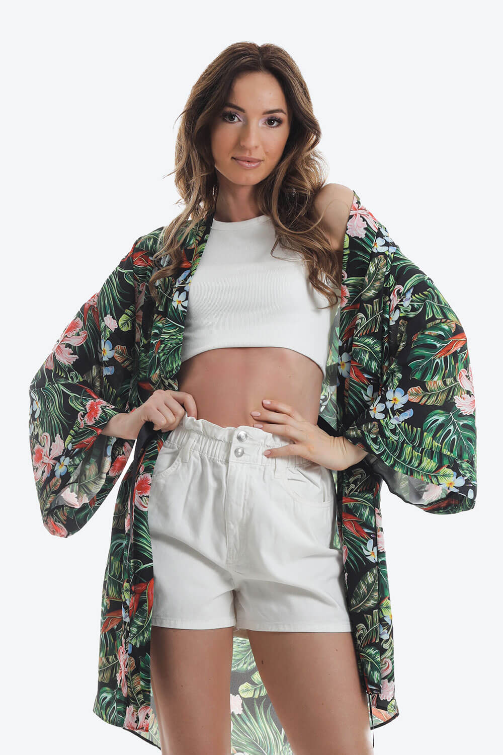 Kimono cu imprimeu tropical multicolor